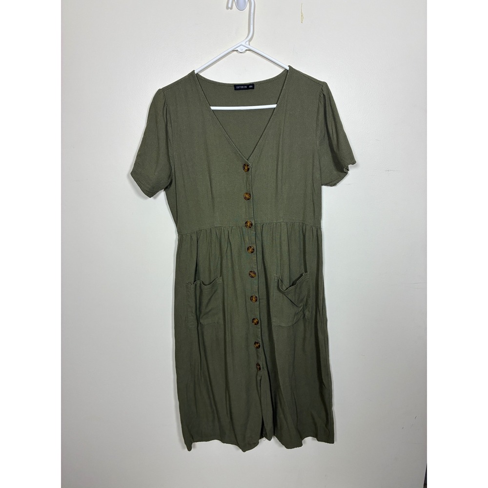 Cotton On Linen Blend Midi Dress Size M Olive Green Lagenlook 90s Minimalism